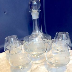 Tuscany etched Clipper ship -decanter with stopperwith 5 brandy snifters.
